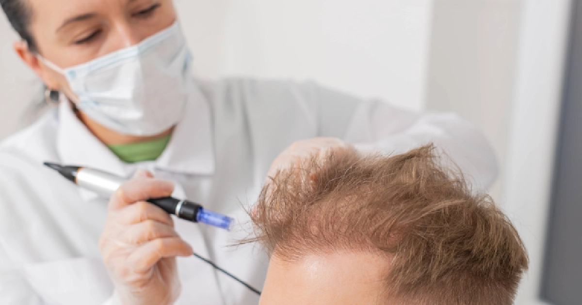 Male patient receiving Exosome Therapy for Face and Scalp in El Cajon, CA from a masked, gloved practitioner using a pen-like device.