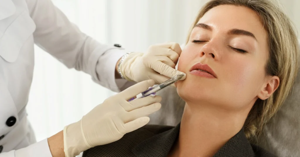 A woman sitting with her eyes closed while a gloved medical professional injects dermal filler into her lip during a Dermal Fillers treatment in El Cajon, CA.