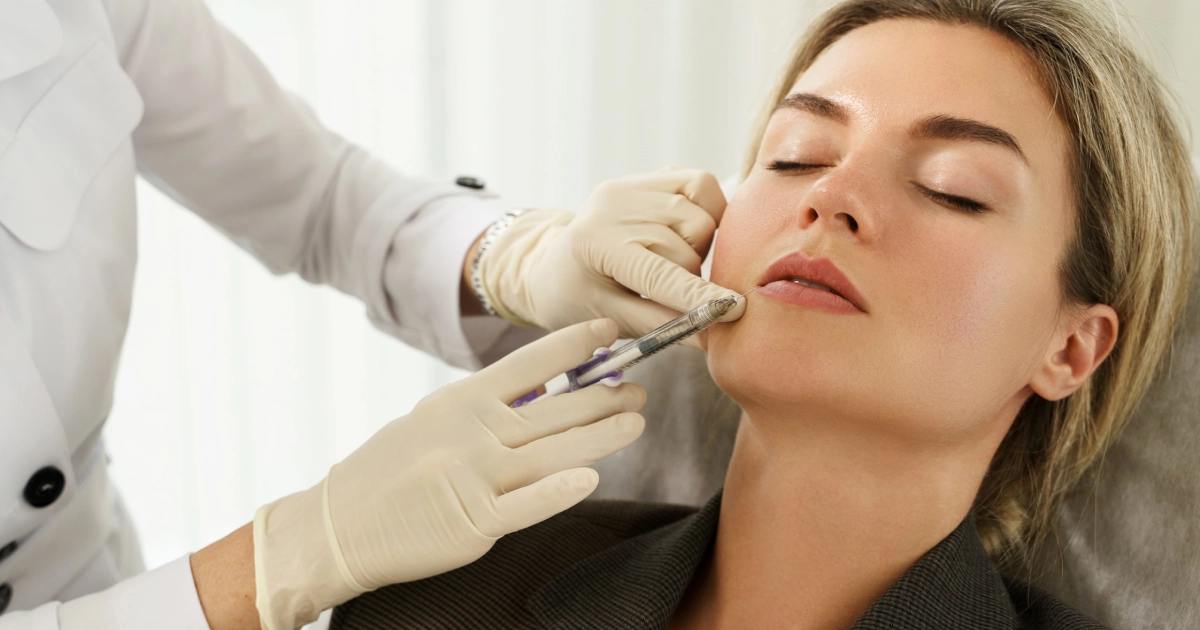 A woman sitting with her eyes closed while a gloved medical professional injects dermal filler into her lip during a Dermal Fillers treatment in El Cajon, CA.